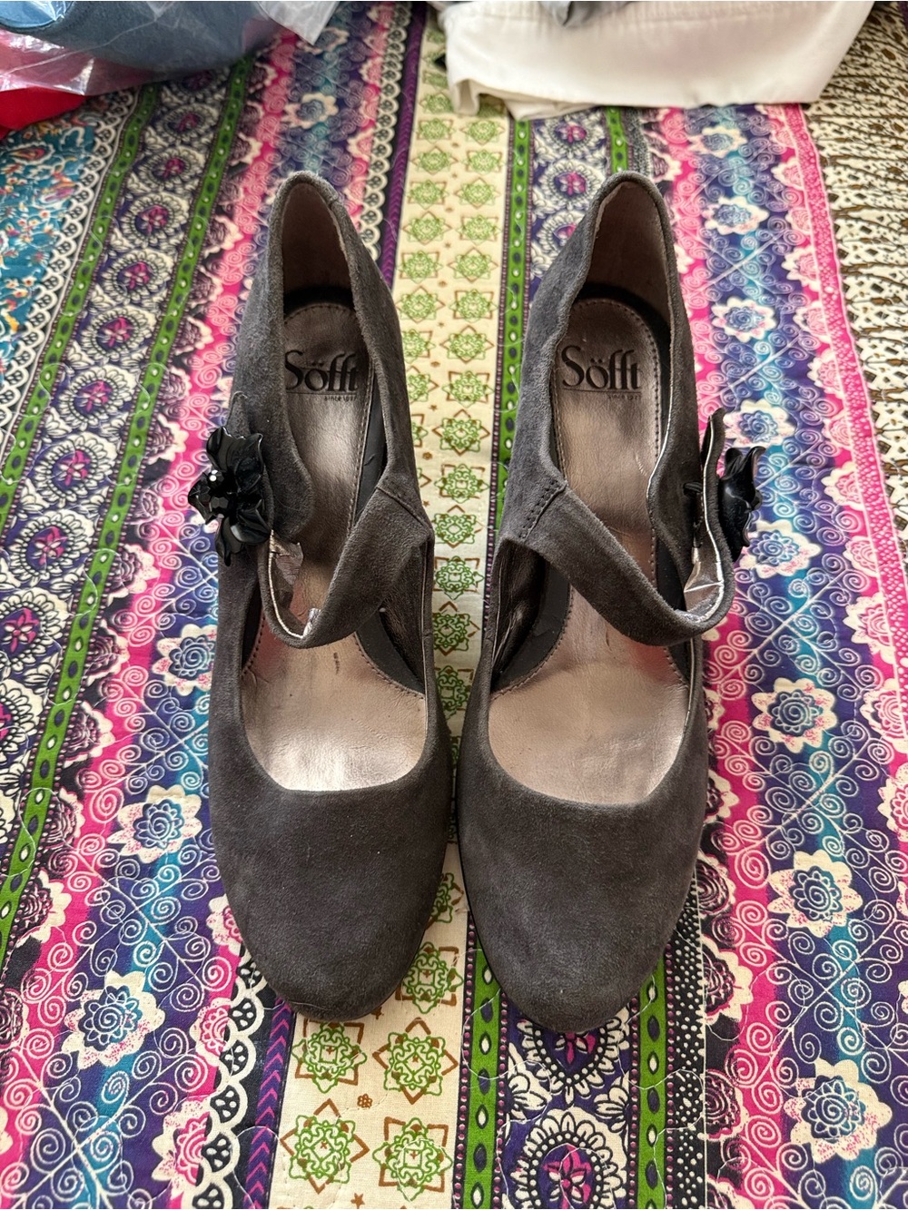 Sofft Gray Suede Mary Jane Heels with Flower Accent
